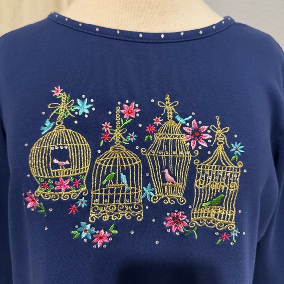 Vintage Quacker Factory Navy Top with Beautiful Birdcage Embroidery 3/4 Sleeve M - Picture 3 of 13